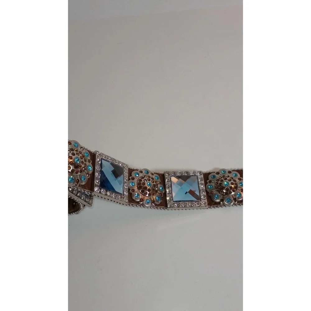 WB Atlas Brown Leather Blue Crystal Jeweled Western Belt Silver Buckle XL 48